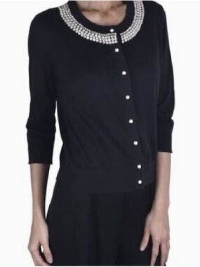 kate spade Black Cardigan with Jeweled Collar Pearl button sweater blazer